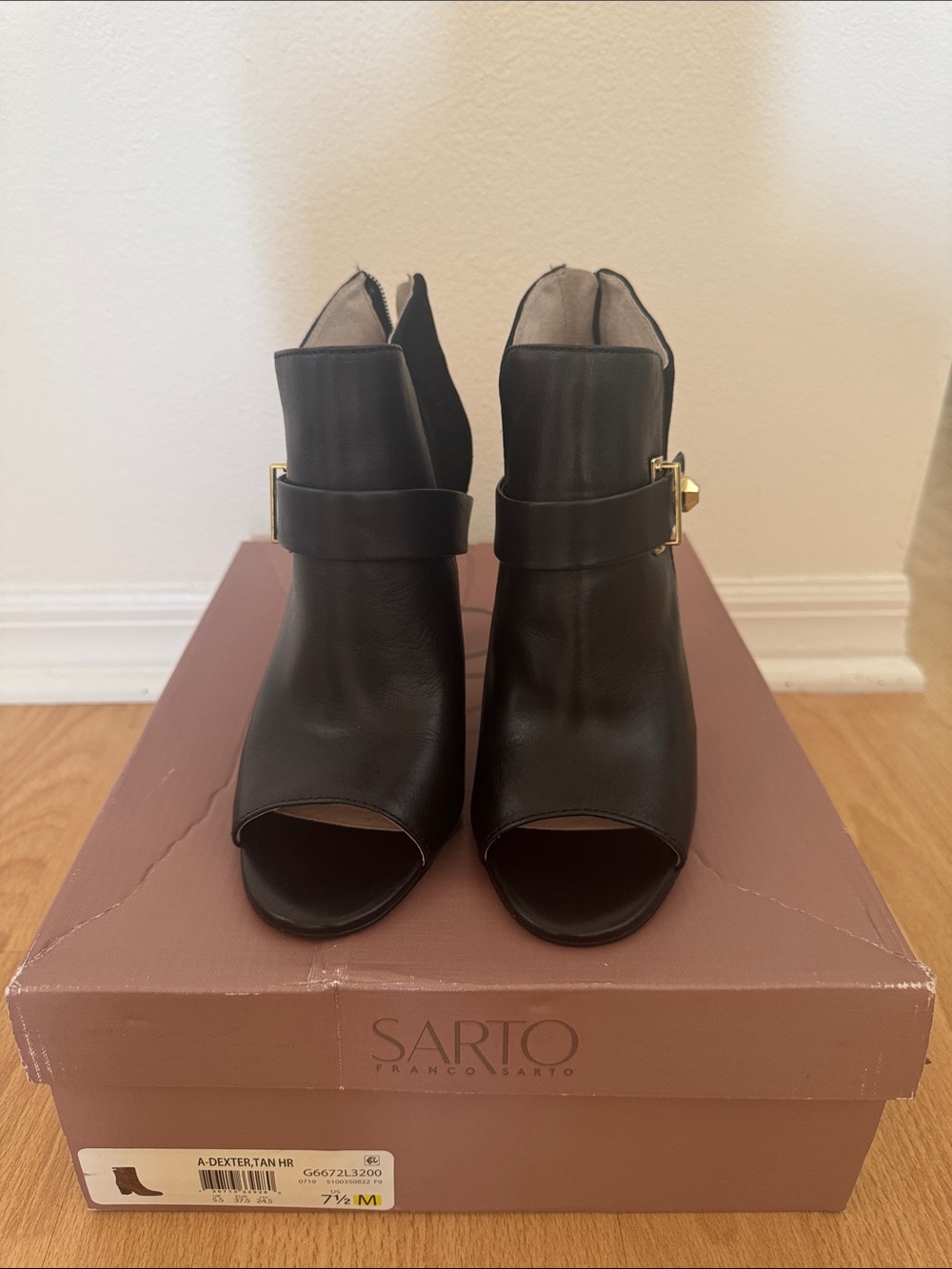 SARTO By Franco Sarto Black Peep-Toe Heeled Booties with Gold Accent - Picture 2 of 6